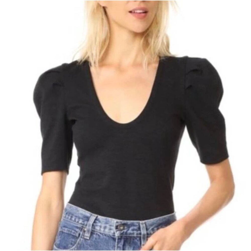 Free People FP Ellery Scoop Neck Shirt Pleated Short Puff Sleeve Blouse Charcoal